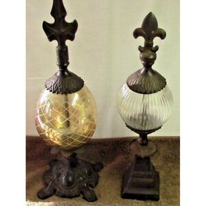 Artistically Stunning Wrought Iron Set of 2 Glass and Metal Finials Decor READ